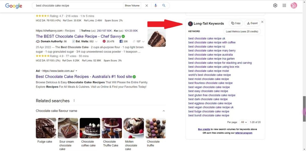 This is a screenshot of Keywords displayed on Google when Keywords Everywhere is installed into Google.