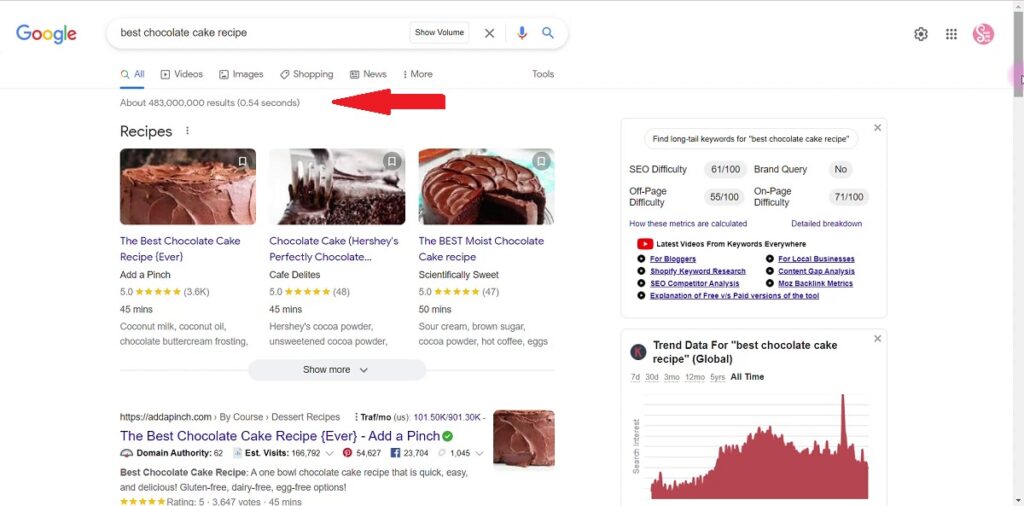 Picture shows the Metrics of a particular Long-Tailed Keyword underneath the search bar